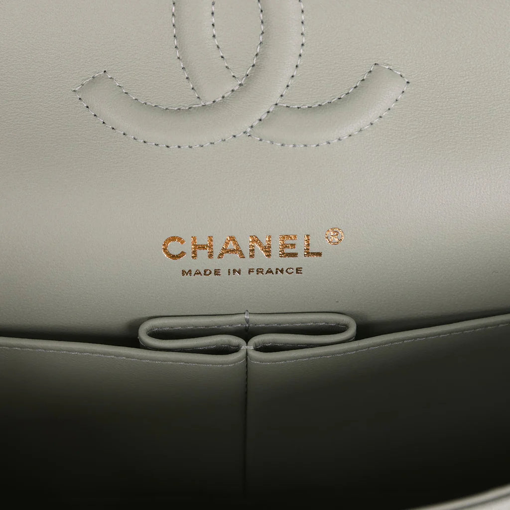 Chanel Medium Classic Double Flap Bag Light Green Caviar Light Gold Hardware