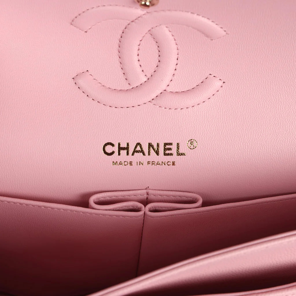 Chanel Small Classic Double Flap Bag Light Pink Chevron Caviar Light Gold Hardware
