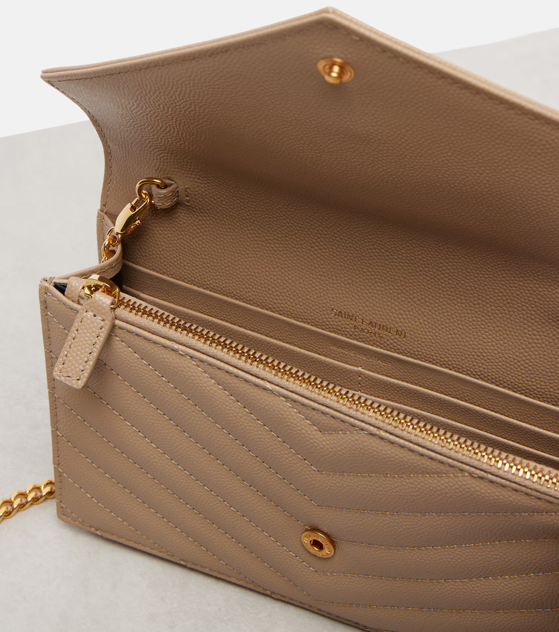 Saint Laurent Cassandre matelassé envelope leather wallet on chain 2025