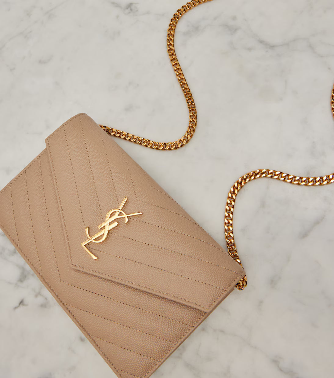 Saint Laurent Cassandre matelassé envelope leather wallet on chain 2025