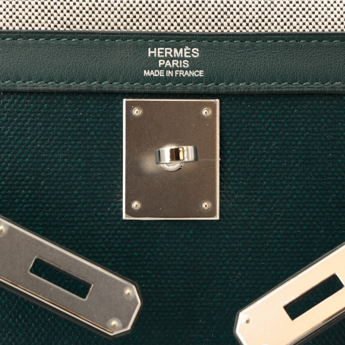 HERMÈS Kelly 32 Sellier Vert Cypress (6O) Swift Toile Berline Palladium hardware D (2019)
