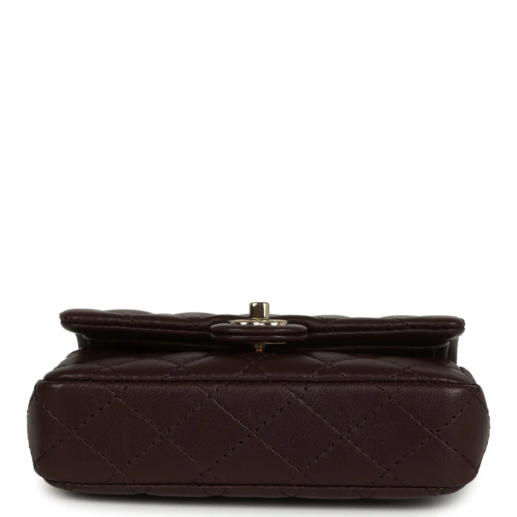 Chanel Nano Classic Double Flap Bag Charm Dark Brown Lambskin Light Gold Hardware