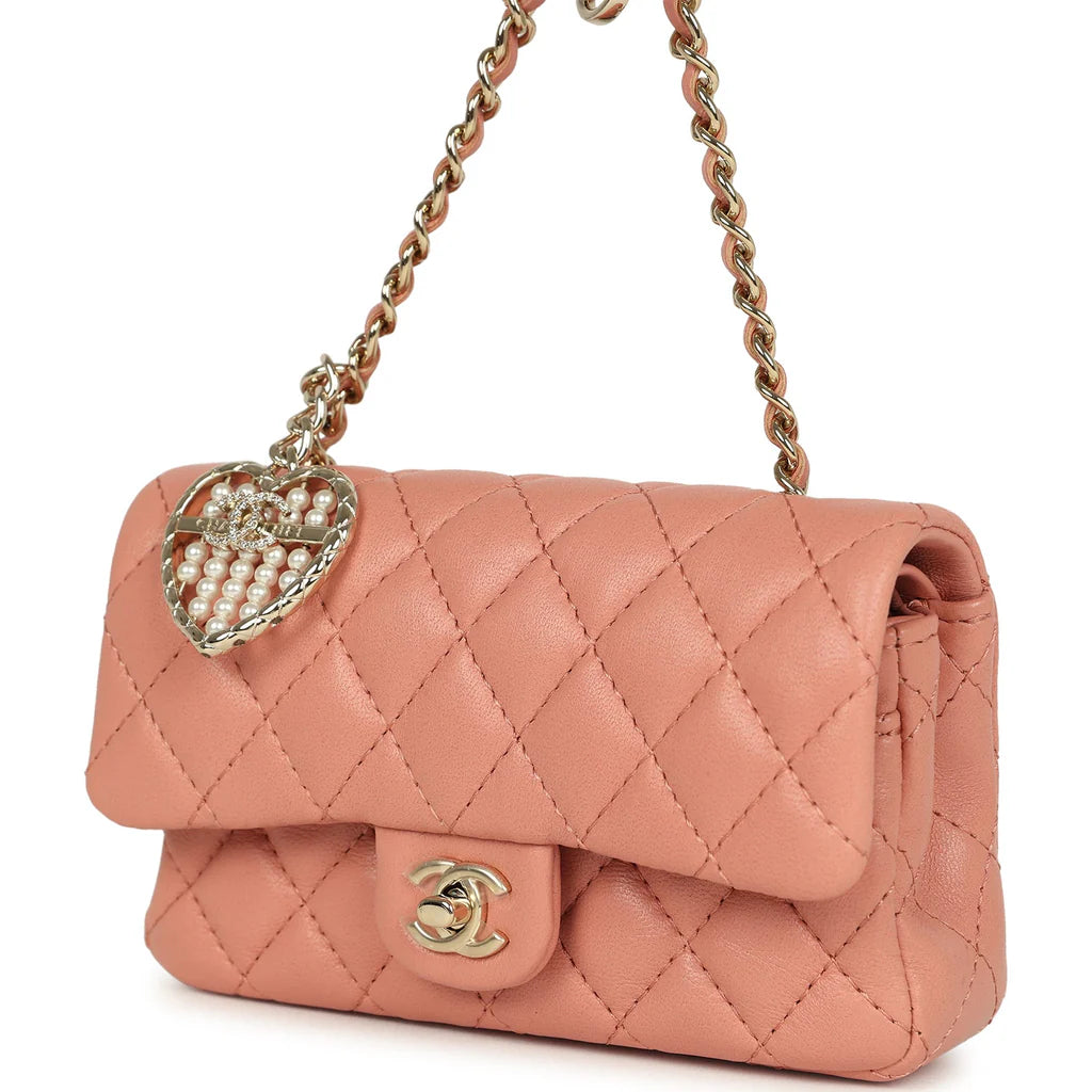 Chanel Nano Classic Double Flap Bag Charm Pink Lambskin Light Gold Hardware