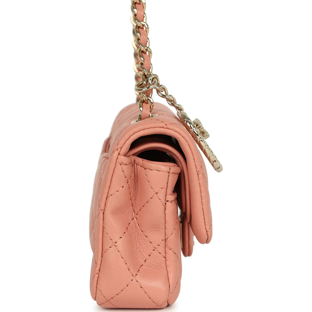 Chanel Nano Classic Double Flap Bag Charm Pink Lambskin Light Gold Hardware