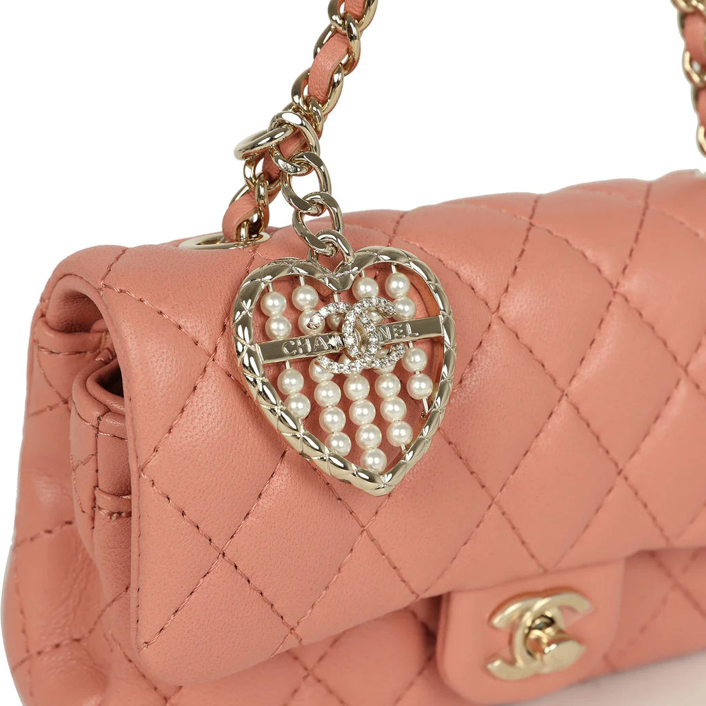 Chanel Nano Classic Double Flap Bag Charm Pink Lambskin Light Gold Hardware