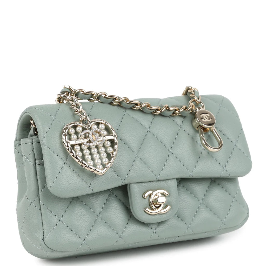 Chanel Nano Classic Double Flap Bag Charm Dark Green Lambskin Light Gold Hardware