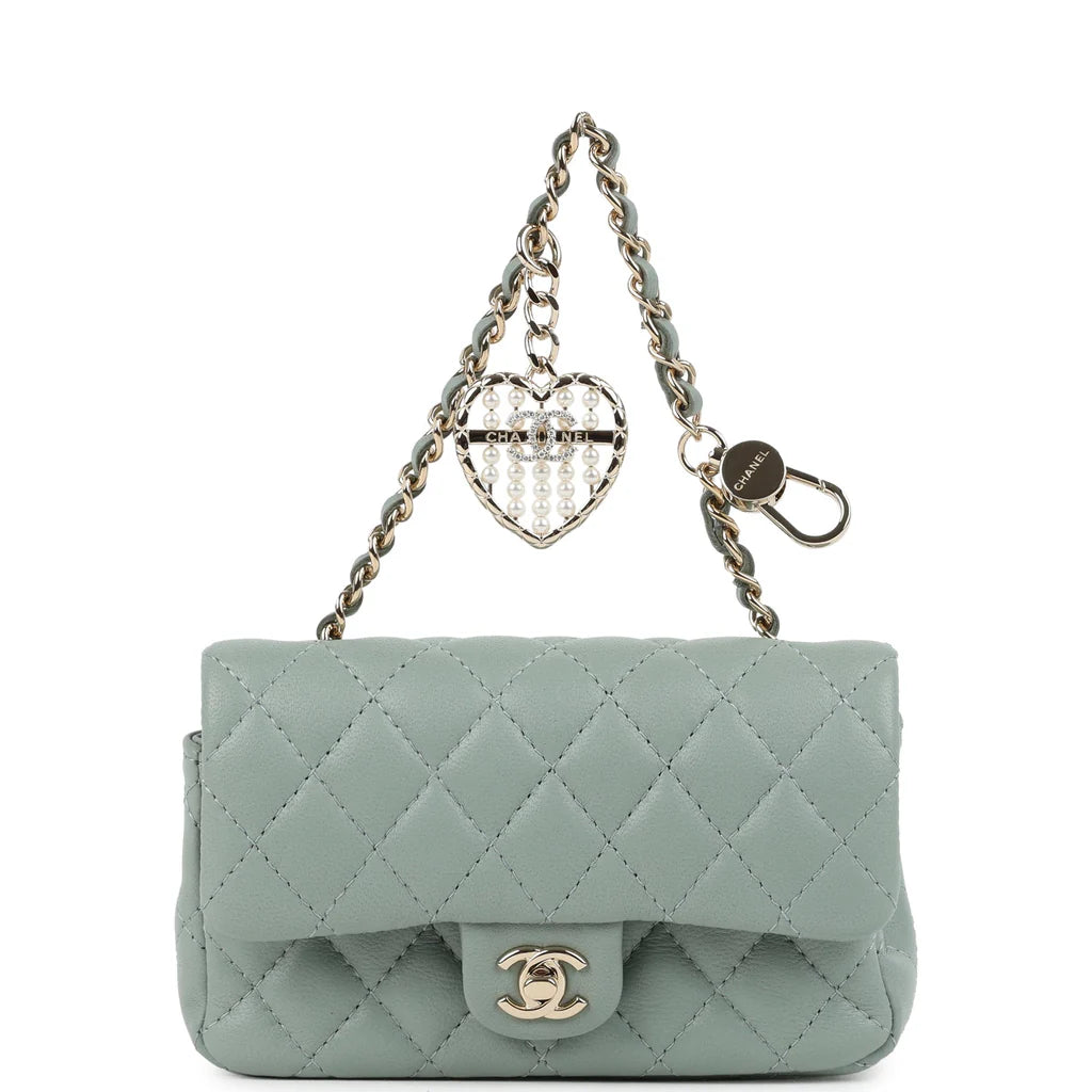 Chanel Nano Classic Double Flap Bag Charm Dark Green Lambskin Light Gold Hardware