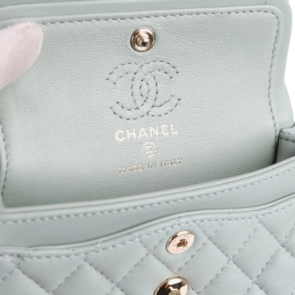 Chanel Nano Classic Double Flap Bag Charm Dark Green Lambskin Light Gold Hardware