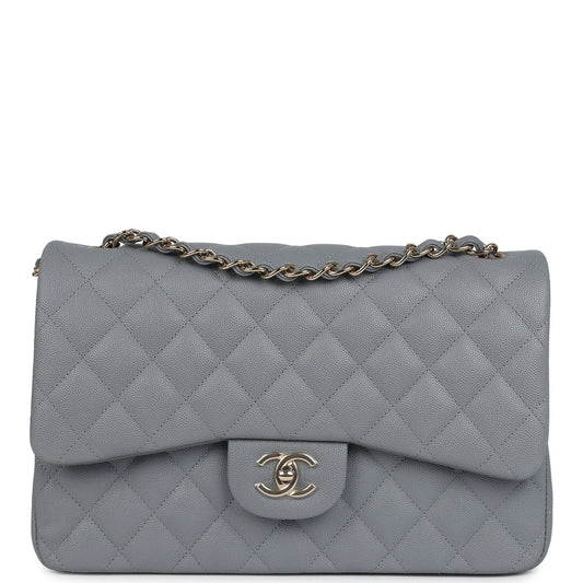 Chanel Jumbo Classic Double Flap Bag Light Grey Shiny Caviar Light Gold Hardware