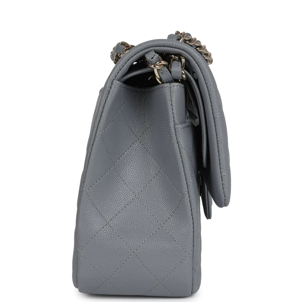 Chanel Jumbo Classic Double Flap Bag Light Grey Shiny Caviar Light Gold Hardware
