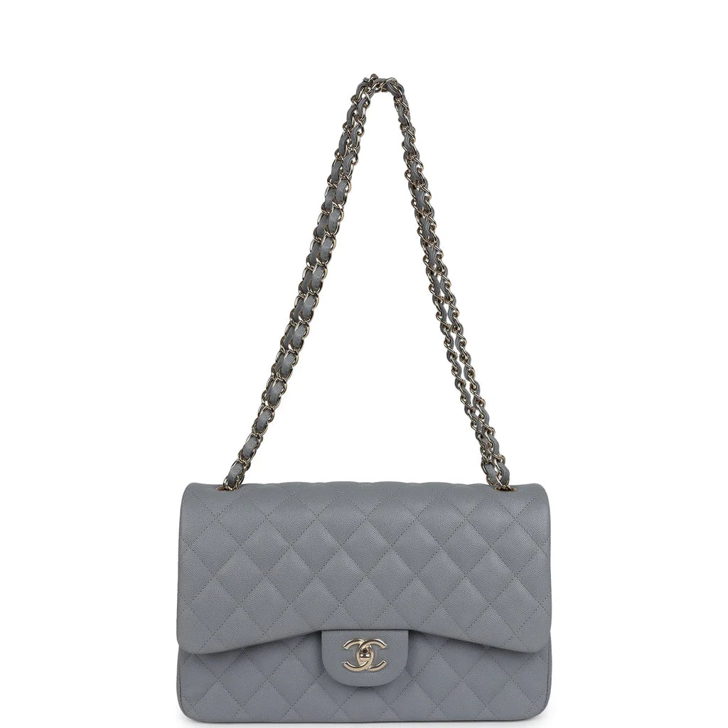 Chanel Jumbo Classic Double Flap Bag Light Grey Shiny Caviar Light Gold Hardware