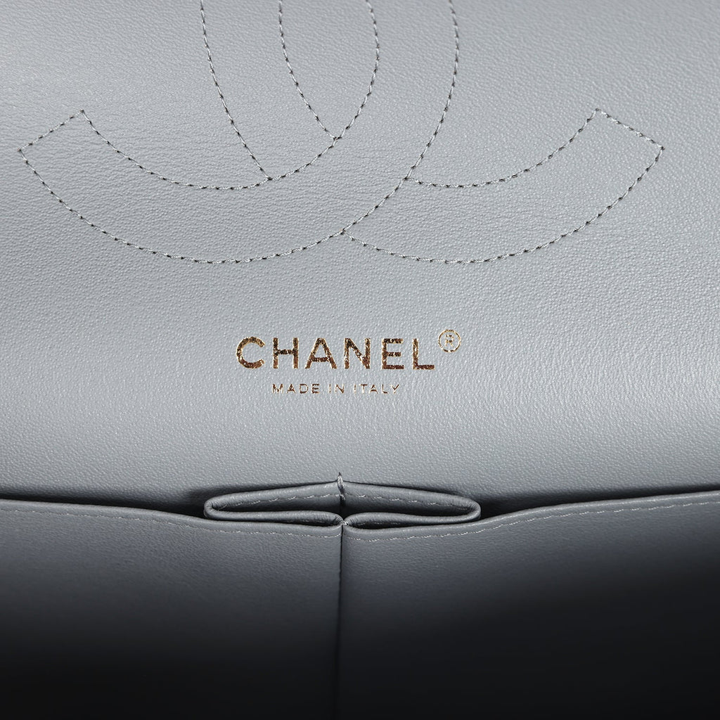 Chanel Jumbo Classic Double Flap Bag Light Grey Shiny Caviar Light Gold Hardware