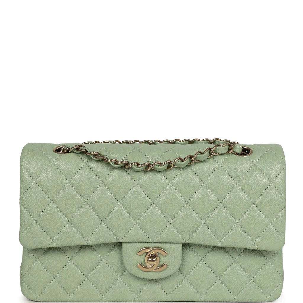 Chanel Medium Classic Double Flap Bag Light Green Caviar Light Gold Hardware