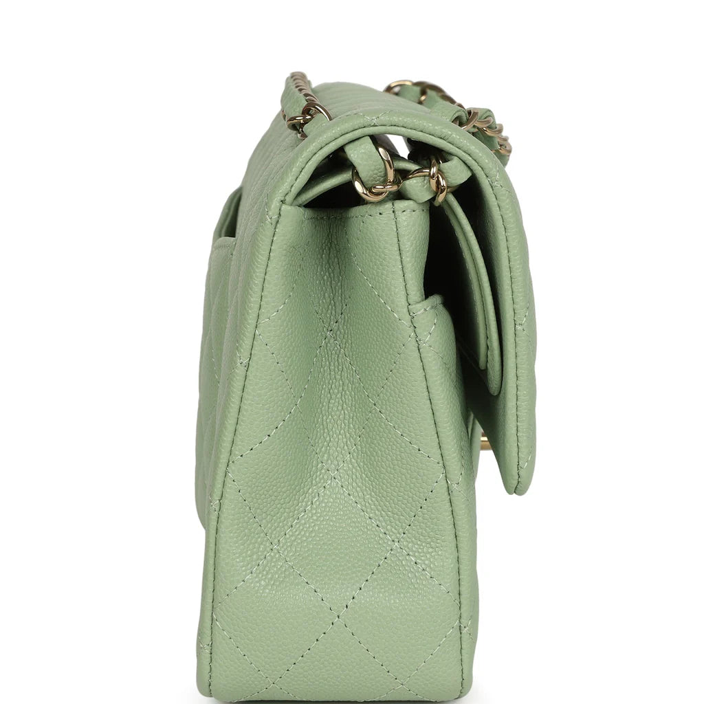 Chanel Medium Classic Double Flap Bag Light Green Caviar Light Gold Hardware
