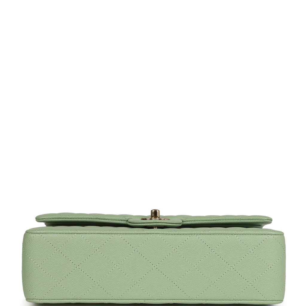 Chanel Medium Classic Double Flap Bag Light Green Caviar Light Gold Hardware