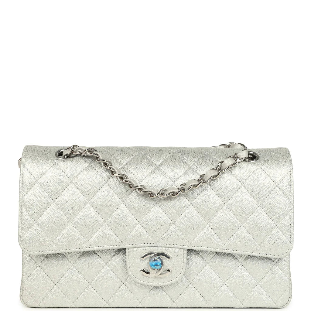 Chanel Medium Classic Double Flap Silver Glitter Caviar Silver Hardware
