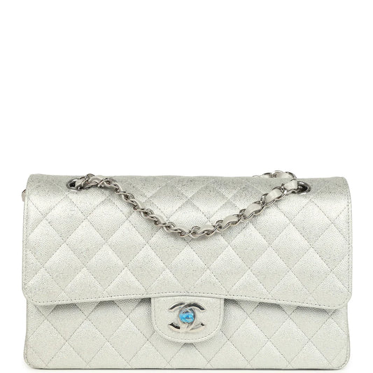 Chanel Medium Classic Double Flap Silver Glitter Caviar Silver Hardware