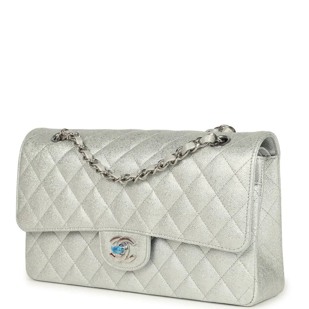 Chanel Medium Classic Double Flap Silver Glitter Caviar Silver Hardware