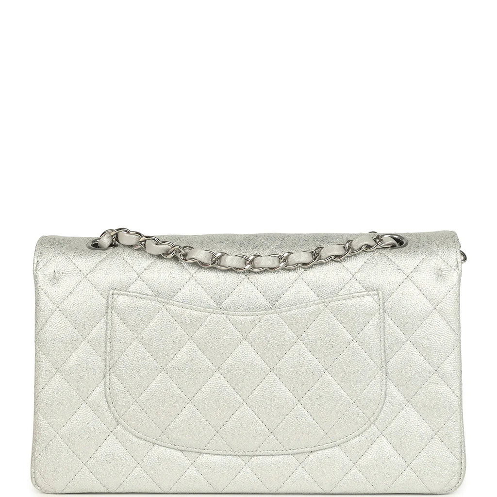 Chanel Medium Classic Double Flap Silver Glitter Caviar Silver Hardware