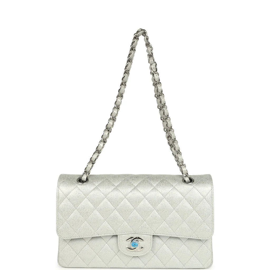 Chanel Medium Classic Double Flap Silver Glitter Caviar Silver Hardware
