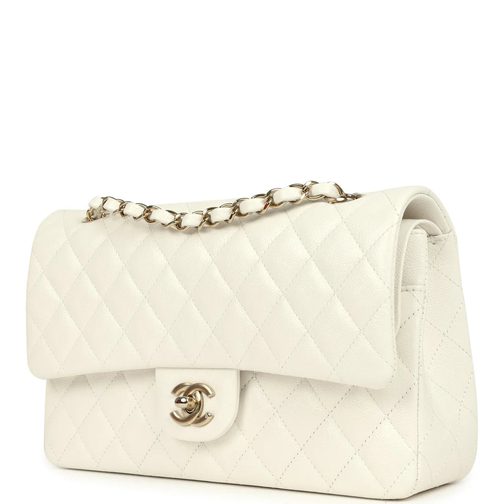 Chanel Medium Classic Double Flap White Caviar Light Gold Hardware 2025