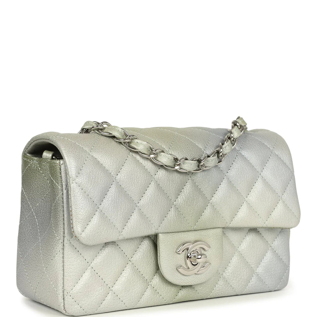 Chanel Mini Classic Rectangular Flap Bag Grey and Green Ombre Iridescent Goatskin Silver Hardware
