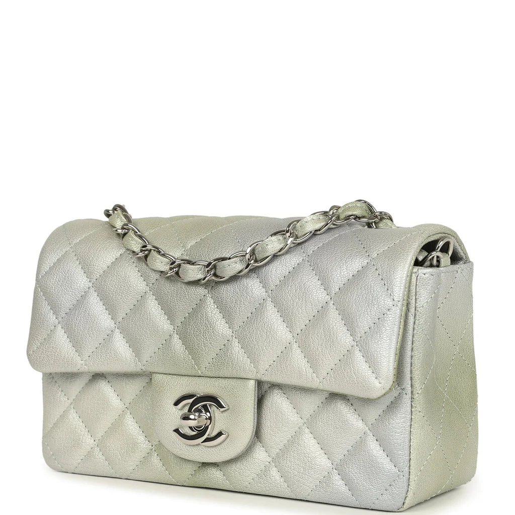 Chanel Mini Classic Rectangular Flap Bag Grey and Green Ombre Iridescent Goatskin Silver Hardware
