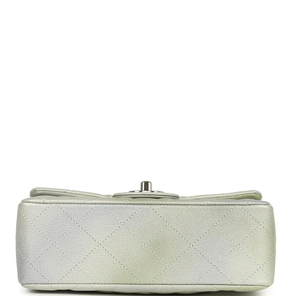Chanel Mini Classic Rectangular Flap Bag Grey and Green Ombre Iridescent Goatskin Silver Hardware
