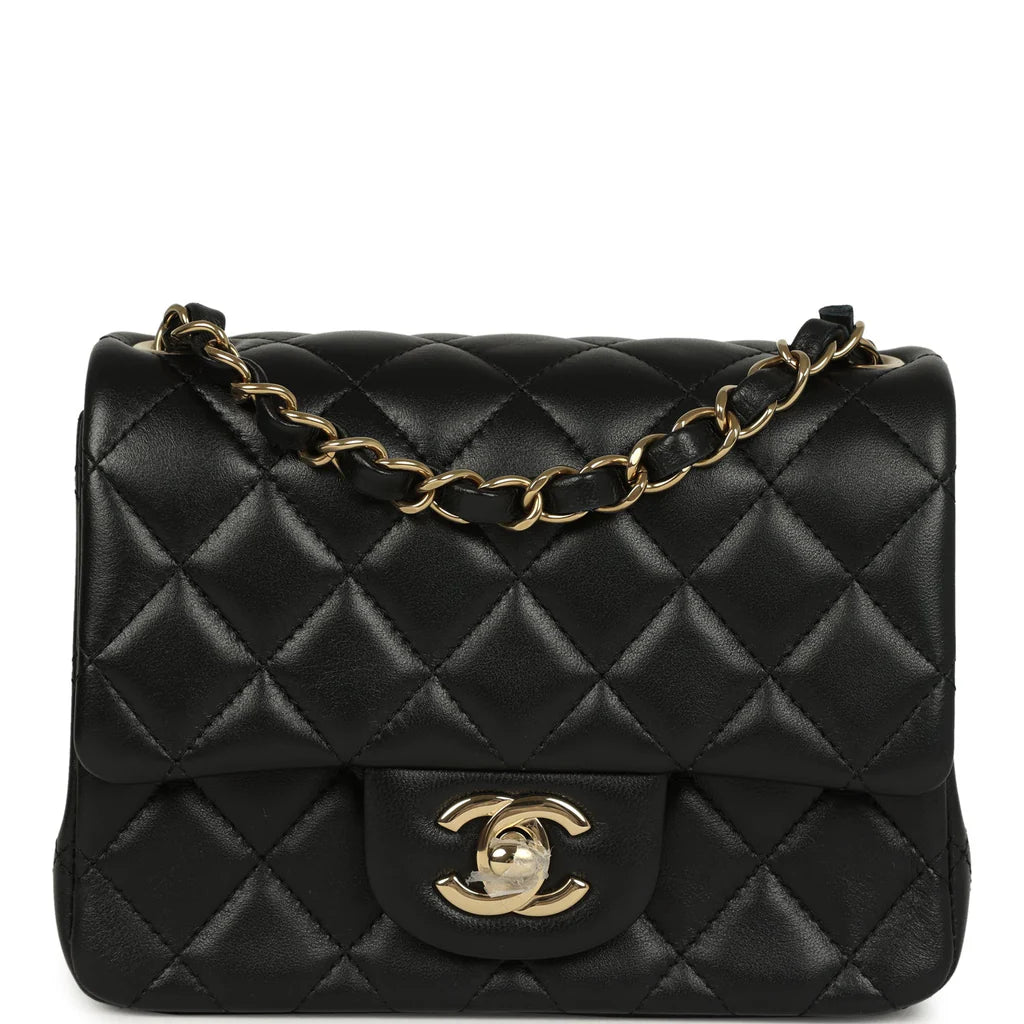 Chanel Mini Classic Square Flap Bag Black Lambskin Light Gold Hardware