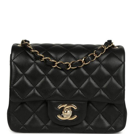 Chanel Mini Classic Square Flap Bag Black Lambskin Light Gold Hardware