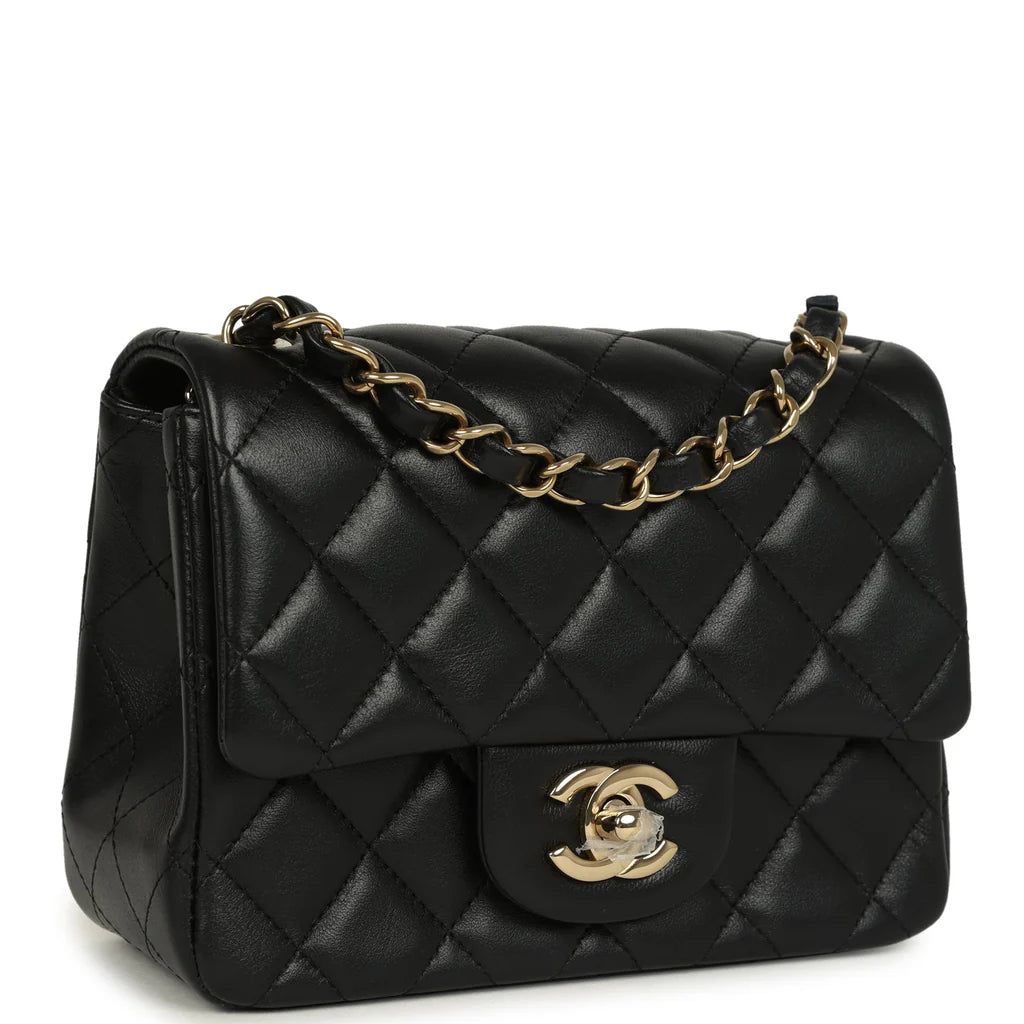 Chanel Mini Classic Square Flap Bag Black Lambskin Light Gold Hardware