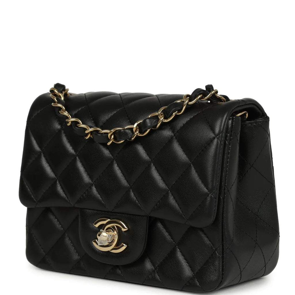 Chanel Mini Classic Square Flap Bag Black Lambskin Light Gold Hardware
