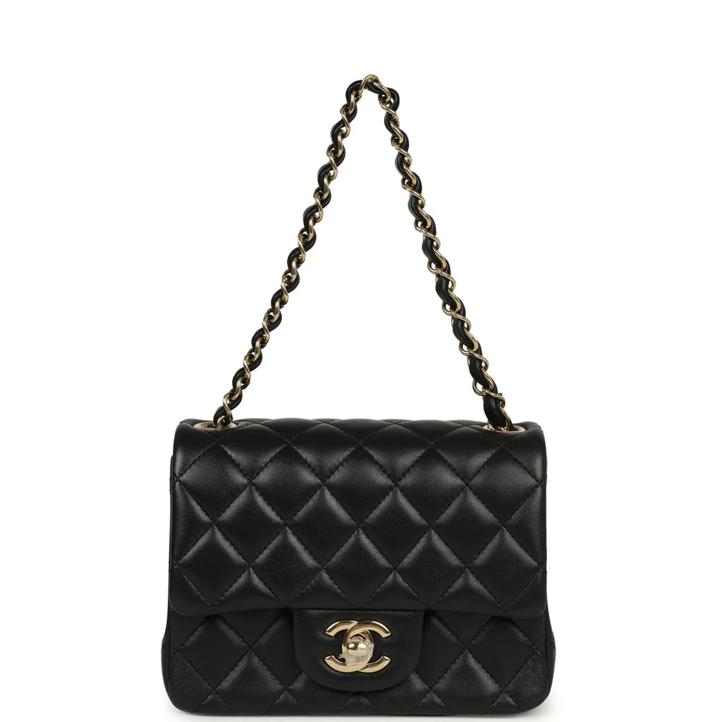 Chanel Mini Classic Square Flap Bag Black Lambskin Light Gold Hardware