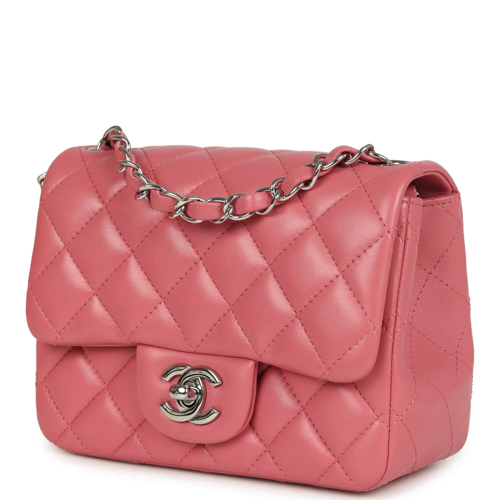 Chanel Mini Classic Square Flap Bag Pink Lambskin Silver Hardware