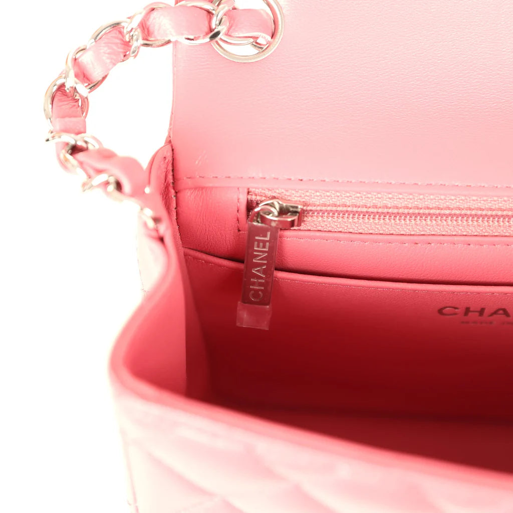 Chanel Mini Classic Square Flap Bag Pink Lambskin Silver Hardware