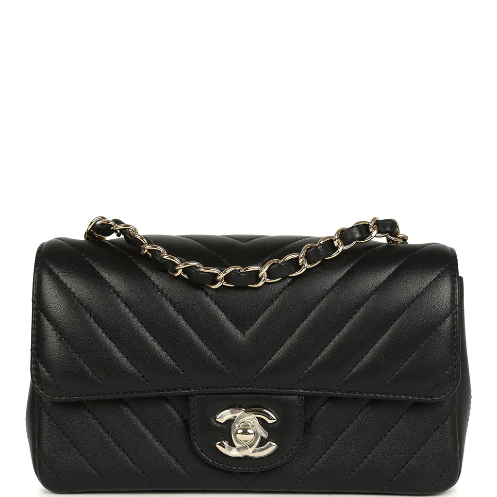Chanel Mini Chevron Classic Rectangular Flap Bag Black Lambskin Light Gold Hardware
