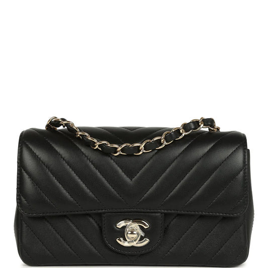 Chanel Mini Chevron Classic Rectangular Flap Bag Black Lambskin Light Gold Hardware