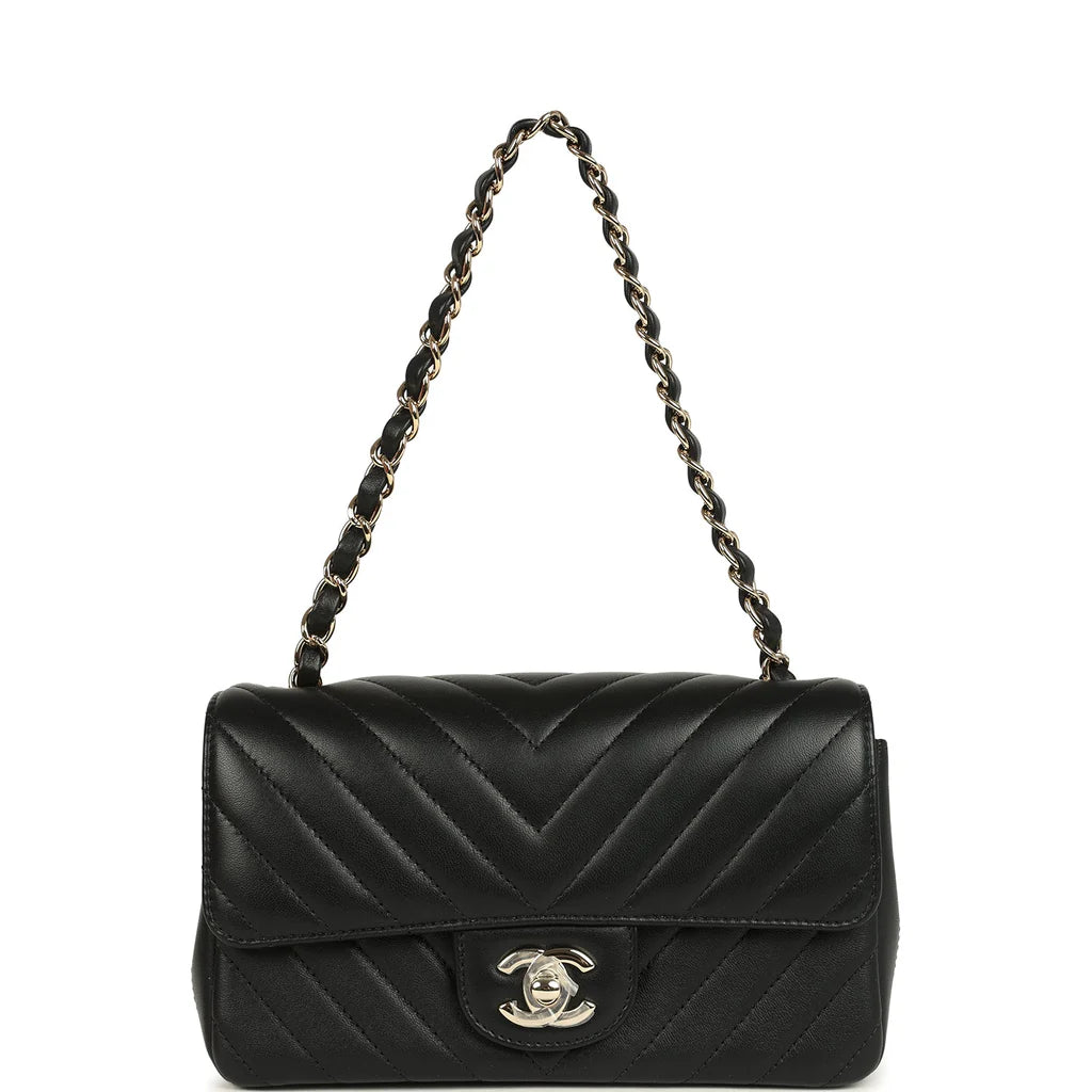 Chanel Mini Chevron Classic Rectangular Flap Bag Black Lambskin Light Gold Hardware
