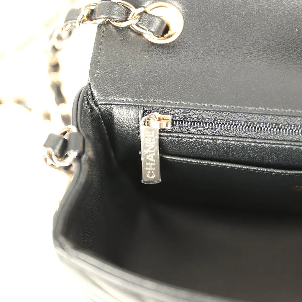 Chanel Mini Chevron Classic Rectangular Flap Bag Black Lambskin Light Gold Hardware