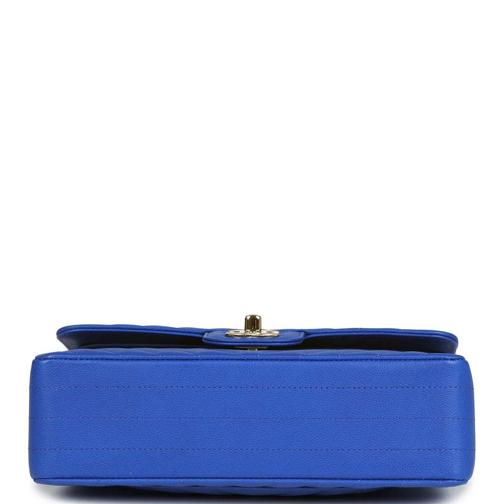 Chanel Small Classic Double Flap Blue Chevron Caviar Light Gold Hardware