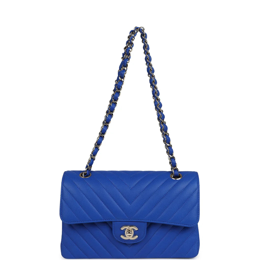Chanel Small Classic Double Flap Blue Chevron Caviar Light Gold Hardware