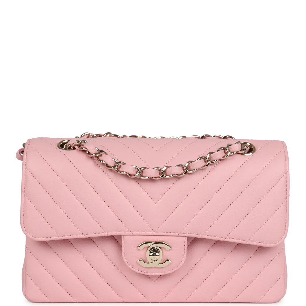 Chanel Small Classic Double Flap Bag Light Pink Chevron Caviar Light Gold Hardware