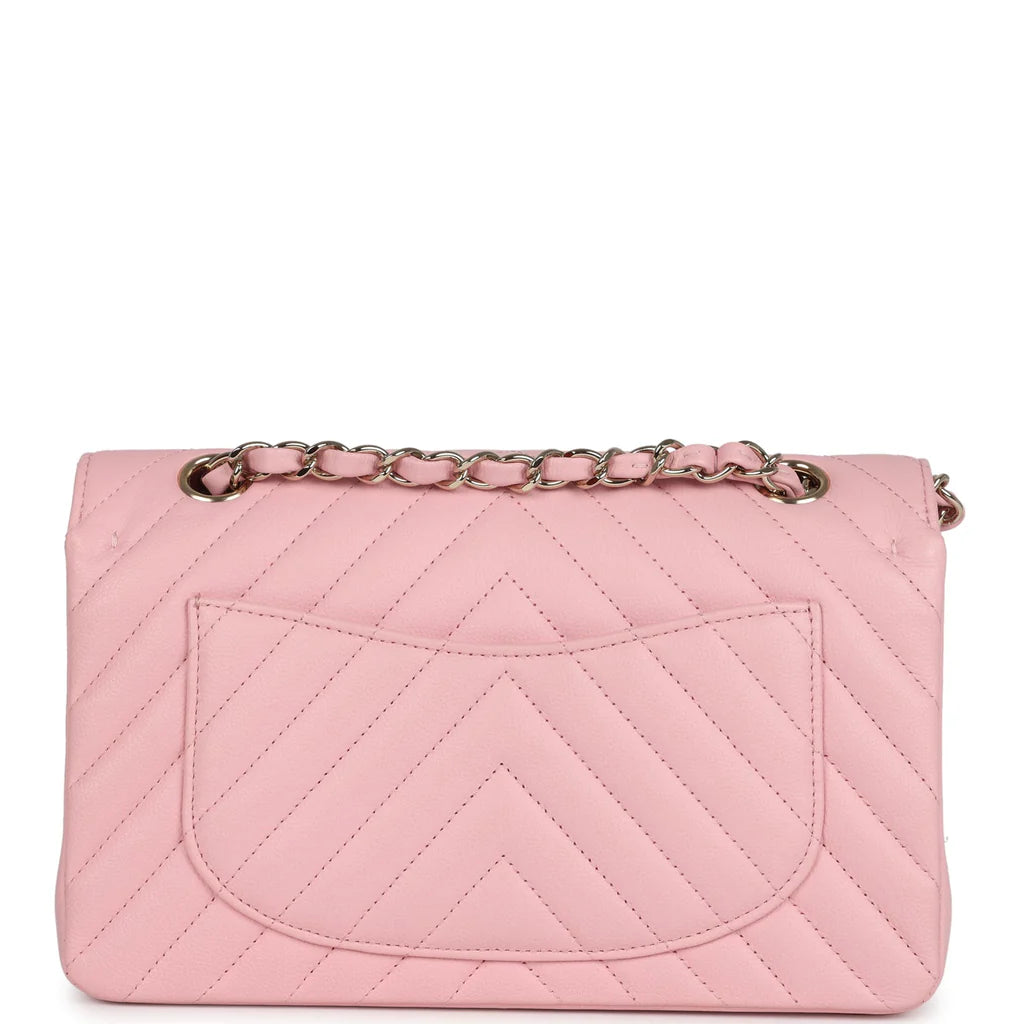 Chanel Small Classic Double Flap Bag Light Pink Chevron Caviar Light Gold Hardware