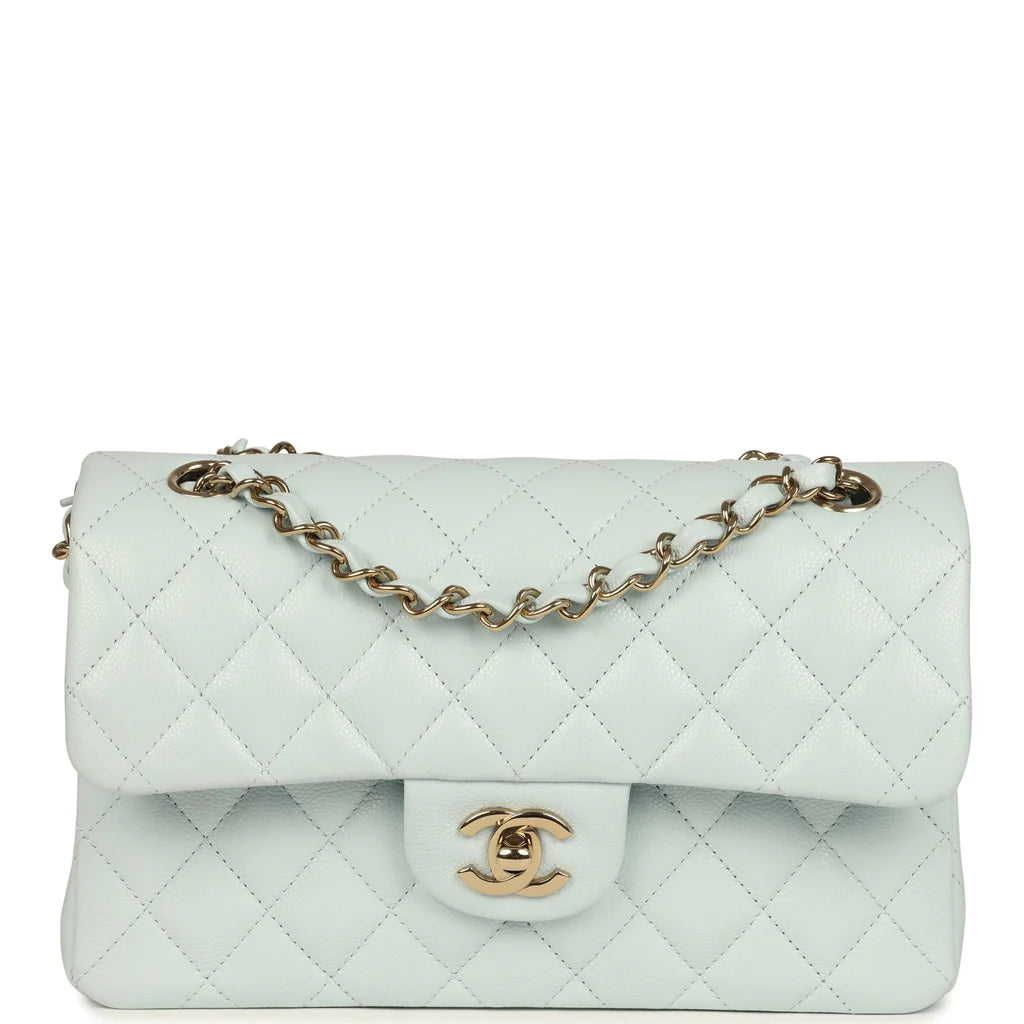 Chanel Small Classic Double Flap Bag Light Blue Shiny Caviar Light Gold Hardware