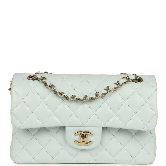 Chanel Small Classic Double Flap Bag Light Blue Shiny Caviar Light Gold Hardware