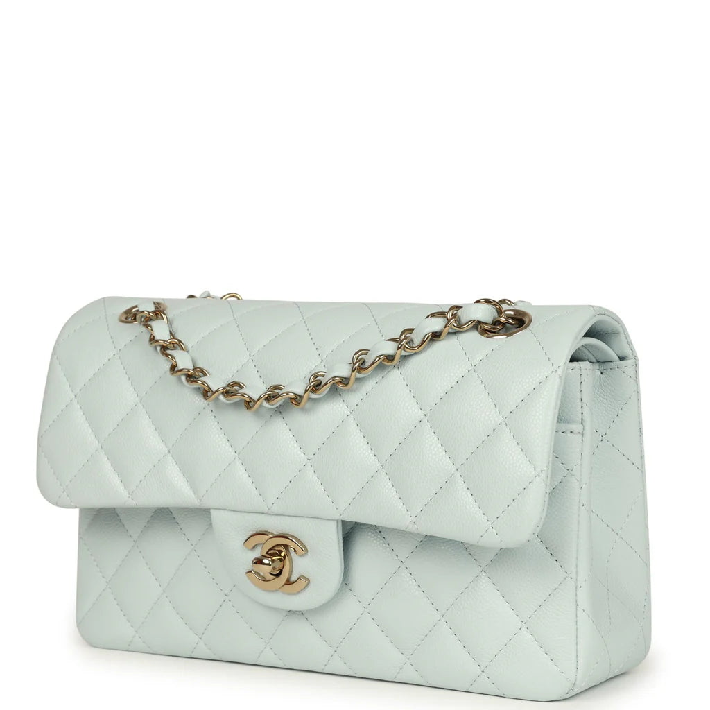 Chanel Small Classic Double Flap Bag Light Blue Shiny Caviar Light Gold Hardware