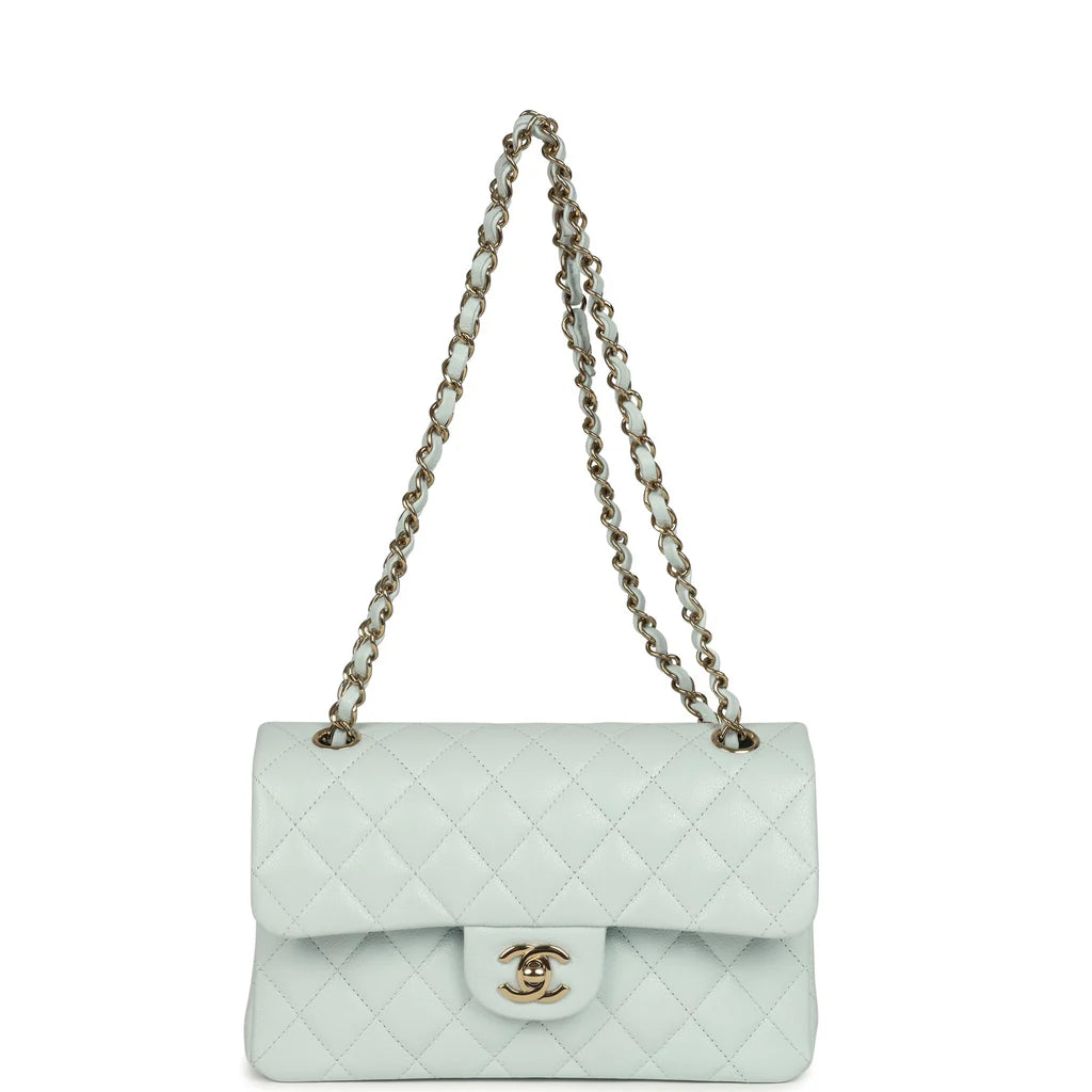 Chanel Small Classic Double Flap Bag Light Blue Shiny Caviar Light Gold Hardware