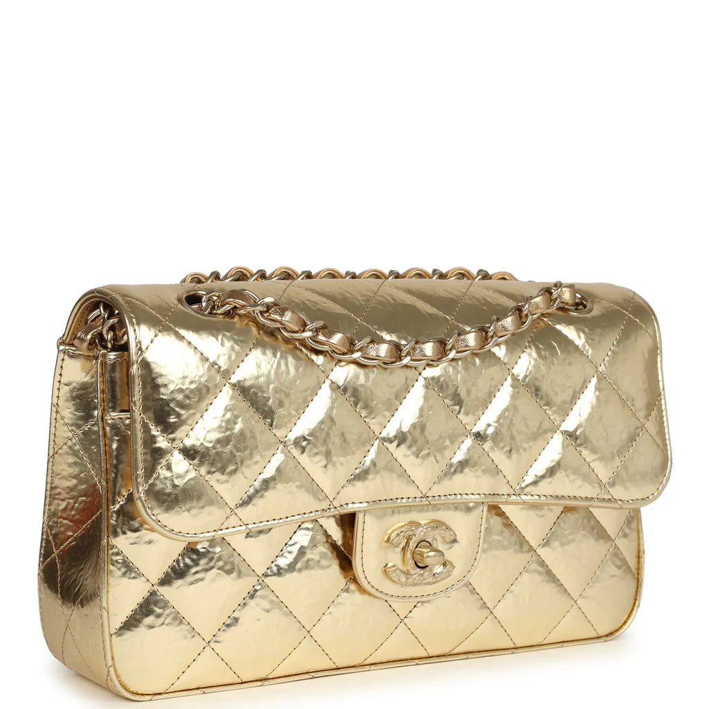 Chanel Small Classic Double Flap Gold Hammered Metallic Calfskin Brushed Gold Hardware 2025