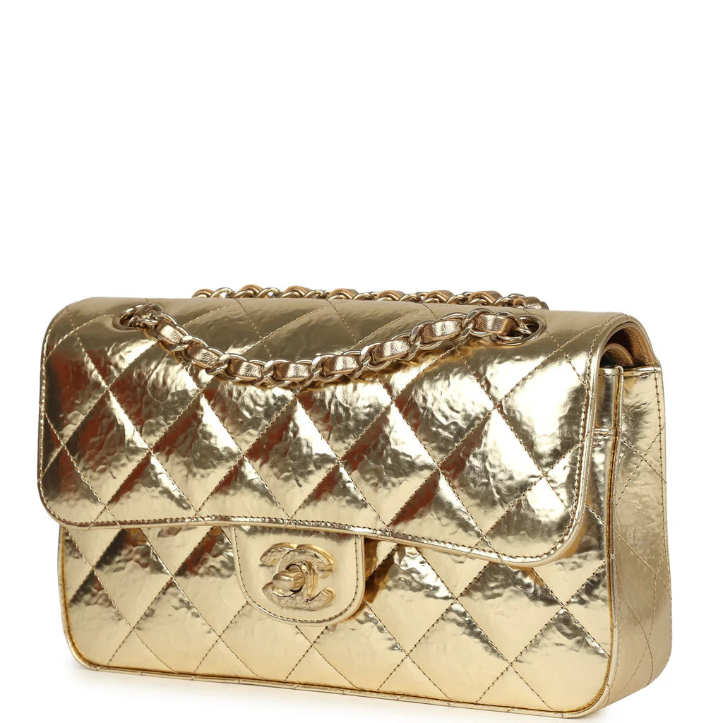 Chanel Small Classic Double Flap Gold Hammered Metallic Calfskin Brushed Gold Hardware 2025