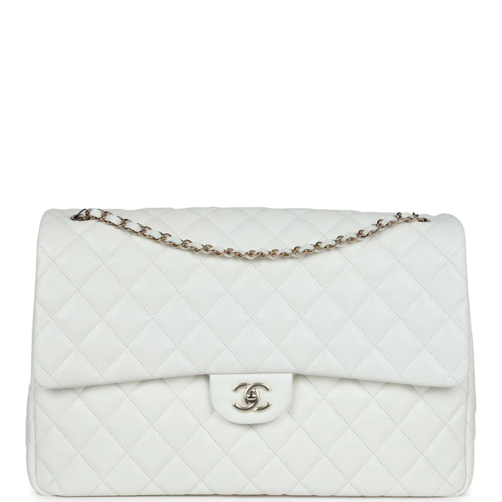 Chanel XXL Classic Single Flap Bag White Shiny Caviar Light Gold Hardware 2025